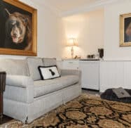 A cozy living room featuring a gray sofa adorned with dog-themed pillows, two animal portraits, a patterned rug, and a comfy dog bed echoes the charming decor often found in the best hotels in Highlands, NC. A side table with a lamp and mini fridge complete this inviting space.