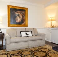 A cozy living room features a beige sofa with a cushion, a large bear painting above, two lamps, and a small rug with a paw print in front of a side table and cabinet.