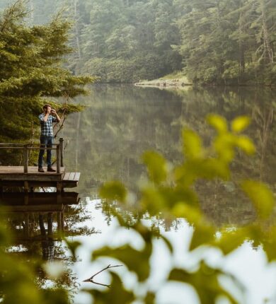 Person standing on a wooden dock by a calm lake, surrounded by lush greenery and trees reflecting in the water.