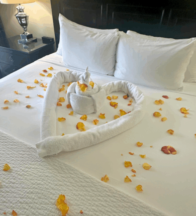 A hotel bed decorated with rose petals, two towel swans forming a heart shape, and white pillows and bedding.